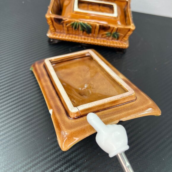 1960s MCM Ceramic Bamboo Style Ashtray Set of 3 with holder Lidded Made in Japan - Picture 8 of 16